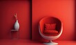  a red room with a white chair and a vase on the floor and a red wall with a white vase on the floor and a white table with a red cushion.  generative ai