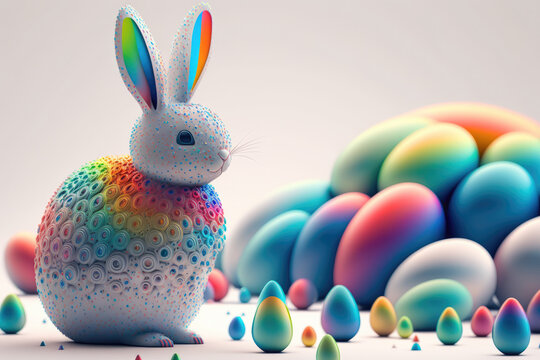 fantasy abstarct design amazing 3d Easter bunny and ornated painted rainbow colourd egg on white background. Happy Easter magical,generative ai.
