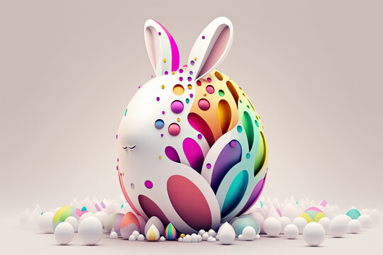 fantasy abstarct design amazing 3d Easter bunny and ornated painted rainbow colourd egg on white background. Happy Easter magical,generative ai.
