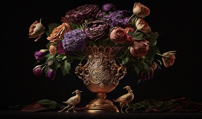  a gold vase with flowers and birds on a black surface with a black background and a black backdrop with a black background and a gold vase with flowers and two birds.  generative ai