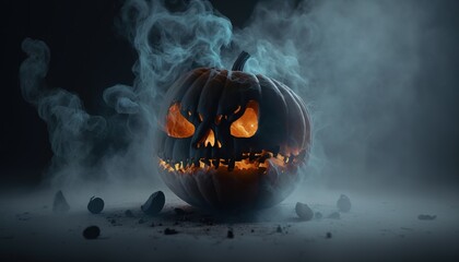 Wall Mural -  a halloween pumpkin with smoke coming out of it's mouth and glowing eyes, on a dark background with smoke coming out of it.  generative ai