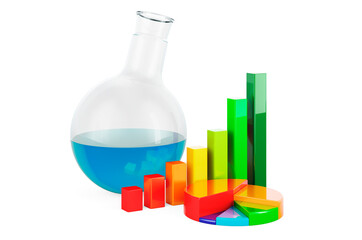 Sticker - Chemical flask with growth bar graph and pie chart. 3D rendering