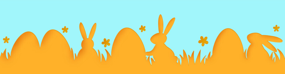 Wall Mural - Easter eggs and bunnies on blue background. Paper cut design. Banner. Vector illustration