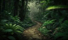  A Path In The Middle Of A Jungle With Lots Of Trees And Plants On Either Side Of It And A Stone Path In The Middle Of The Jungle.  Generative Ai