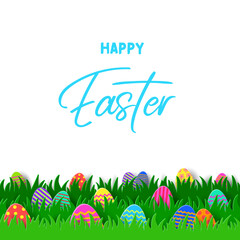 Wall Mural - Easter egg hunt concept. Greeting card in paper cut style with easter eggs in the spring grass. Vector illustration