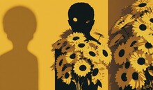 A Shadow Of A Person Holding Sunflowers In Front Of A Yellow Wall With A Shadow Of A Person Holding A Bouquet Of Sunflowers.  Generative Ai