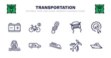 Set Of Transportation Thin Line Icons. Transportation Outline Icons Such As Bicycle Rental, Shock Breaker, Slippy Road, Repair, Ferry Carrying Cars, Ferry Carrying Cars, Recirculation, Bobsleigh,