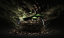  A Pot Filled With Lots Of Beans And A Green Plant Growing Out Of The Top Of The Pot With Smoke Coming Out Of It And On Top Of The Pot.  Generative Ai