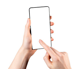 Poster - Finger tapping on blank mobile phone screen, smartphone display mockup isolated on white background