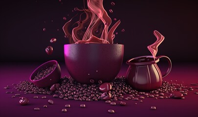  a coffee pot with a liquid pouring out of it next to a coffee pot with a cup of coffee on top of it and coffee beans scattered around it.  generative ai