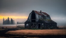 An Old Abandoned Barn In The Foggy Rain Of The Countryside Of The Pacific Northwest. Generative AI.