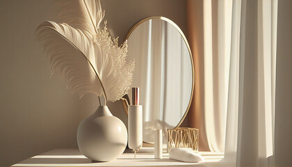 Wall Mural - Empty modern, minimal and luxury cream dressing table top, vase of pampas, round mirror, curtain in white wall bedroom with sunlight, cosmetic product display background generative IA