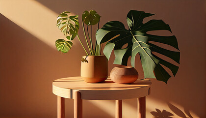 Wall Mural - Wooden round side table with green tropical plant leaf and beautiful sun light and shadow on beige wall generative AI 