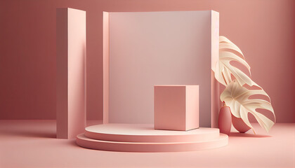 Wall Mural - 3D background, 3D empty and thin pastel pink podium display generative IA 