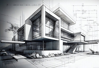 Pencil concept sketch drawing of a modern building made with generative AI