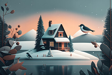 Winter concept illustration with snowy house among frozen lake. Generative AI