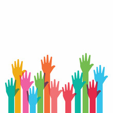 Raised Hands On A White Background. Background For A Banner With Raised Hands.