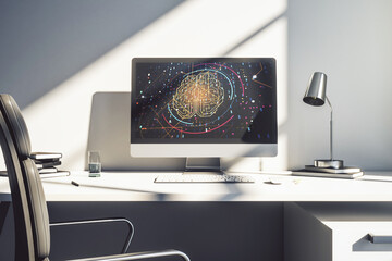 Poster - modern computer display with creative human brain microcircuit. future technology and ai concept. 3d