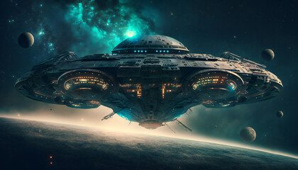 Wall Mural - spaceship in outer space - space wallpaper - generative ai