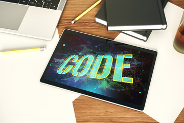 Aufkleber - Creative Code word hologram on modern digital tablet display, artificial intelligence and neural networks concept. Top view. 3D Rendering