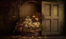  A Basket Of Flowers Sitting In Front Of A Door With A Wooden Frame On The Side Of The Door And A Tree Branch Hanging Over The Door.  Generative Ai