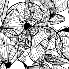 Wall Mural - Seamless monochrome pattern of flowers from lines. Vector illustration. Line art