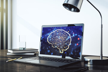 Aufkleber - Modern computer display with creative human brain microcircuit. Future technology and AI concept. 3D Rendering