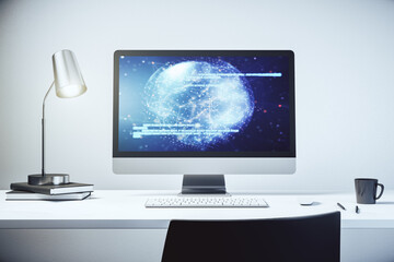 Aufkleber - Modern computer display with abstract software development hologram and world map, global research and analytics concept. 3D Rendering