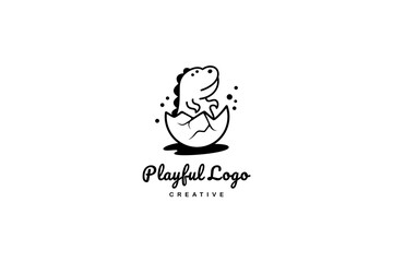 Wall Mural - Vector logo of a cute baby dinosaur born out of an egg shell in simple line art style.