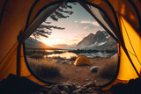 Fototapeta  - Morning wake up camping in the woods at lake view inside the tent - Ai generative