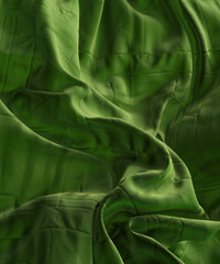 Green beautiful fabric folds abstract 3d rendering background. Fashion design sale banner concept