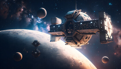 Wall Mural - Space station in Outer space - Space wallpaper - Generative AI