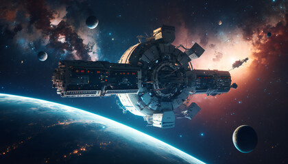 Wall Mural - Space station in Outer space - Space wallpaper - Generative AI