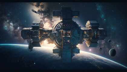 Wall Mural - Space station in Outer space - Space wallpaper - Generative AI