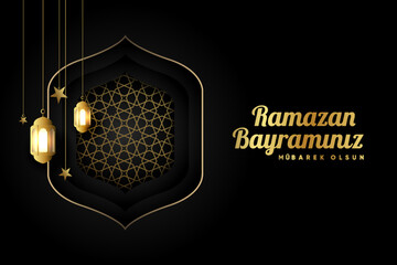 Wall Mural - Islamic greetings ramadan kareem card design background with lanterns and crescent moon. (Translation: Ramazan bayramınız mubarek olsun.)