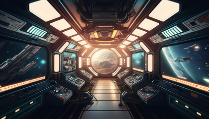Wall Mural - Space station with a view into space - Space wallpaper - Generative AI