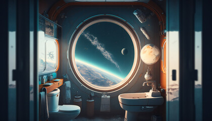 Wall Mural - bathroom in Space station with a view into space - Space wallpaper - Generative AI