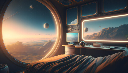 Wall Mural - Bedroom in Space station with a view into space - Space wallpaper - Generative AI