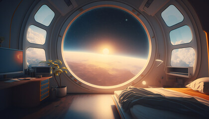 Wall Mural - Bedroom in Space station with a view into space - Space wallpaper - Generative AI