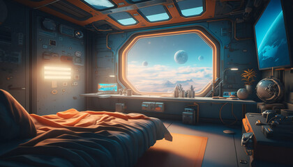 Wall Mural - Bedroom in Space station with a view into space - Space wallpaper - Generative AI
