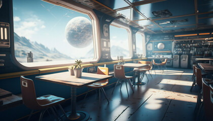 Wall Mural - Canteen in Space station with a view into space - Space wallpaper - Generative AI