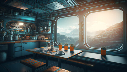Wall Mural - Canteen in Space station with a view into space - Space wallpaper - Generative AI