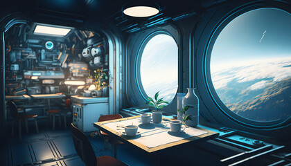 Wall Mural - Canteen in Space station with a view into space - Space wallpaper - Generative AI