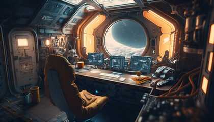 Wall Mural - office in space station with a view into space - space wallpaper - generative ai