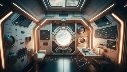 Wall Mural - Dining room in Space station with a view into space - Space wallpaper - Generative AI