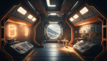 Wall Mural - Dining room in Space station with a view into space - Space wallpaper - Generative AI