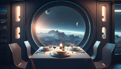 Wall Mural - Dining room in Space station with a view into space - Space wallpaper - Generative AI