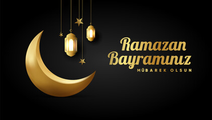 Islamic greetings ramadan kareem card design background with lanterns and crescent moon. (Translation: Ramazan bayramınız mubarek olsun.)