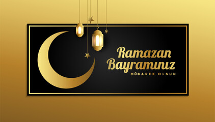 Wall Mural - Islamic greetings ramadan kareem card design background with lanterns and crescent moon. (Translation: Ramazan bayramınız mubarek olsun.)