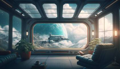 Wall Mural - Office in Space station with a view into space  - Space wallpaper - Generative AI